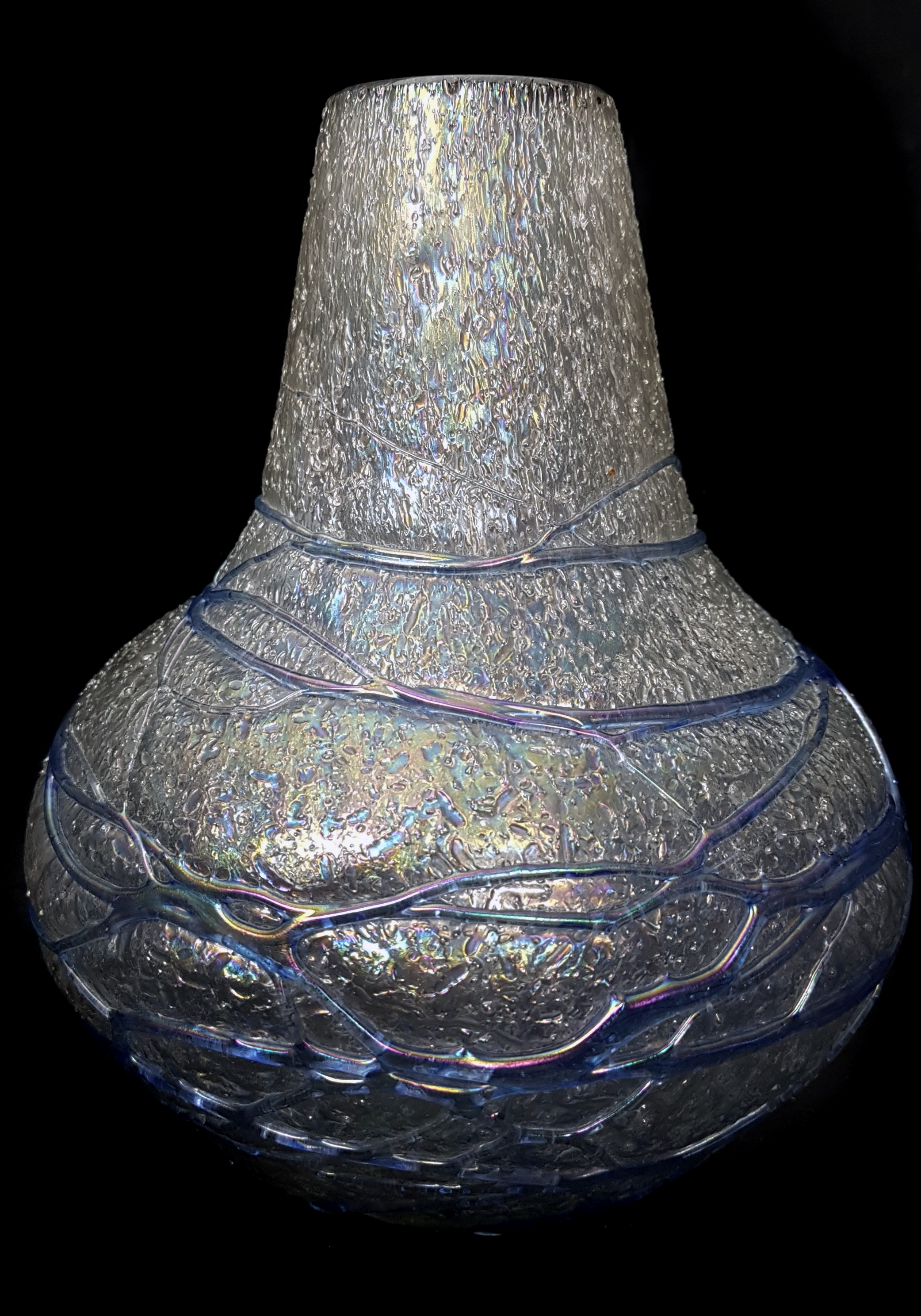 Poschinger - A gourd form glass vase, the iridescent bark effect ground trailed in electric blue