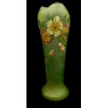 Legras - A uranium green glass vase of tapered cylindrical form with crimped tri-corner top on