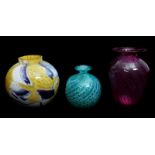 A Touch of Glass, Isle of Wight fuschia baluster vase, with blue and deep pink wrythen swirls; a