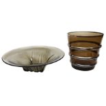 Art Deco Glass - A brown glass Champagne bucket, with silver ribbing; and a smoky amber glass bowl