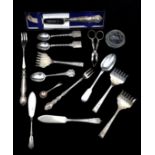 Silver and silver plated flatware, including 3 plated sardine forks; pickle forks, sugar niops,