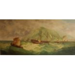 American School? - Shipwreck off a rocky coastline with village beyond, oil on canvas, signed