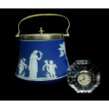 A Wedgwood blue jasper biscuit barrel with silver plated mount and cover, sprigged with classical