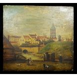 English School - A naive oil painting of a village with river, figures and two dogs on panel, 25.5 x