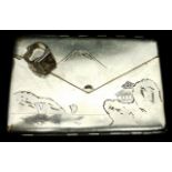 A Japanese 'Komai' set white metal ring, the central rectangular panel with Mount Fuji, house and