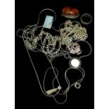 Costume Jewellery - A mixed bag of silver items, including an oval 'amber' brooch; a marcasite and