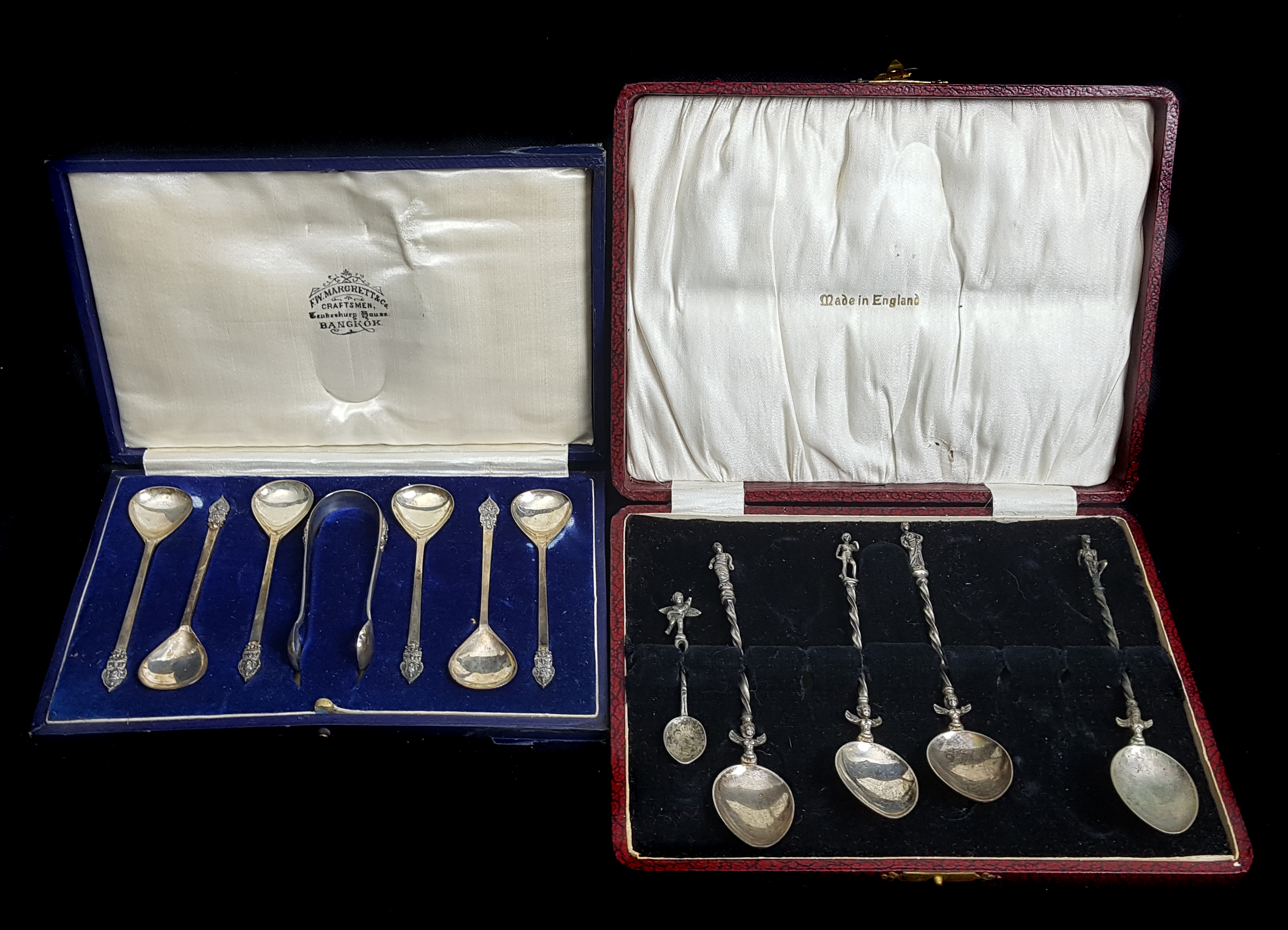 Four 800 standard teaspoons after the antique; similar Eros terminal salt spoon; and a set of Thai