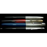 A Parker Frontier fountain pen in black red; two Parker 51 fountain pens in black and blue; A Parker