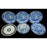 Six Spode blue Italian plates; one willow pattern and one Doultons Cellini pattern (8)