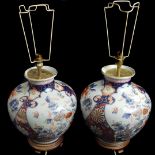 Two Japanese porcelain imari globular vases, fitted for electricity, 35cm high (2)
