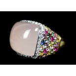 A ladies 18ct yellow gold and rose quartz ring, set with amethyst, garnet and sapphire side