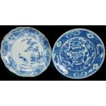 Two Oriental porcelain blue and white chargers, one probably Japanese Arita porcelain, decorated