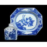 A Chinese export porcelain blue and white tea cannister, of rectangular section with sloped