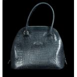 MULBERRY - A black crocodile finish dome handbag, of small size, with vanity mirror, 29cm high