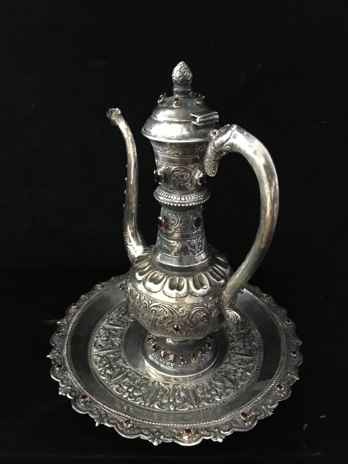 An Indo-Persian ewer and tray, the ewer of bottle form body with sinous handle and spout bothe - Image 3 of 18