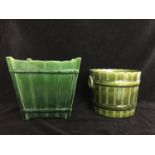 Two majolica green glazed jardinieres, one by T F & Sons, of Gypsy 3 shape, barrel form with faux