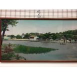 A Chinese machine made tapestry panorama panel, probably Hangzhou, woven in colours, framed and