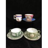 Two Wedgwood green jasper cups and saucers, sprigged with groups of cherubs interspersed with