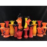 Tango Glass - Eighteen brightly coloured glass vases, trailed in blue or black, one of unusual