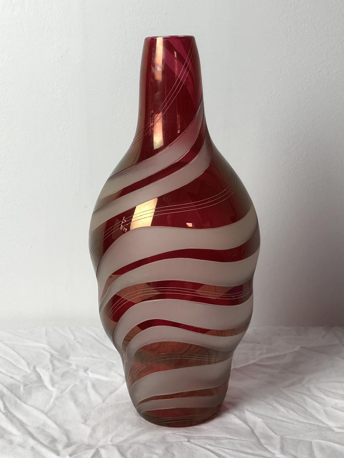 Karel Wünsch for Borske Sklo - A ruby red flashed and frosted colourless glass flattened bottle