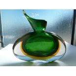 Flavio Polli for Seguso - A freeform sommerso beak vase, in green, amber and colourless glass,