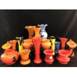 Tango Glass - 17 brightly coloured glass vases and urns, trailed in blue and black, and three