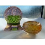 Tittot Glass - A Dragon pattern glass paperweight in pale amethyst and green, engraved characters to