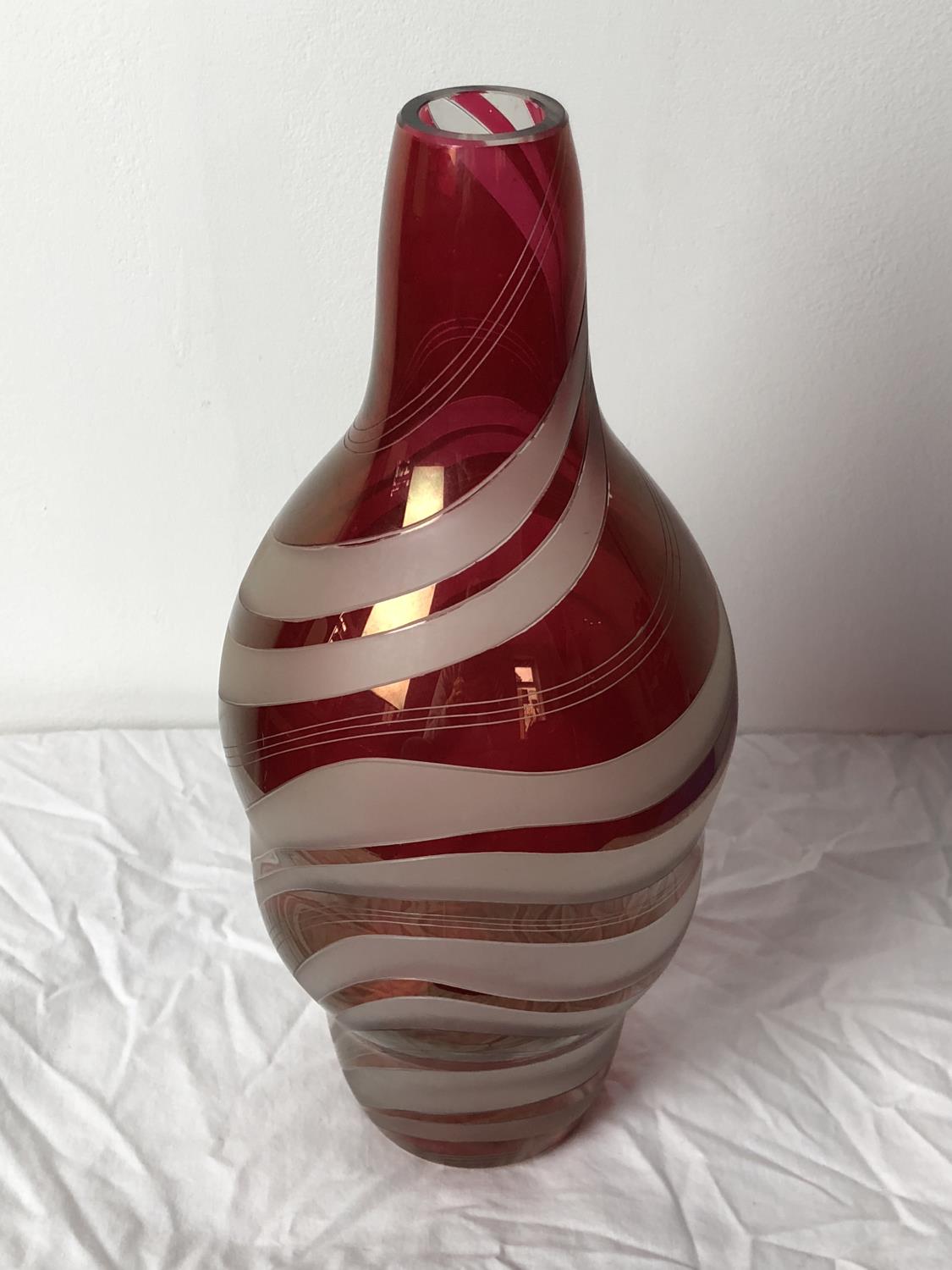 Karel Wünsch for Borske Sklo - A ruby red flashed and frosted colourless glass flattened bottle - Image 2 of 4
