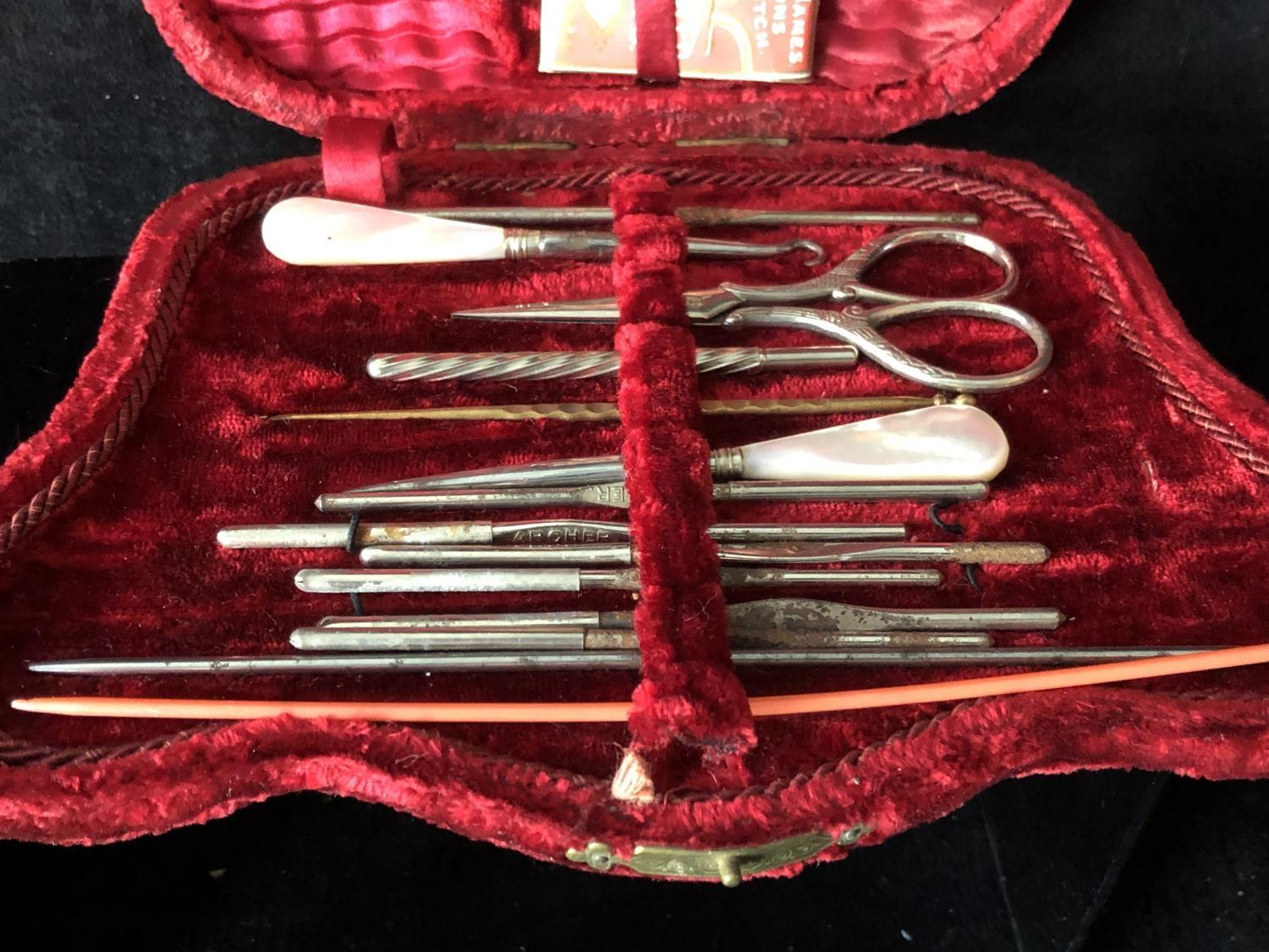 A Velvet butterfly form work case, containing various sewing requisites, scissors, needles, button - Image 5 of 7