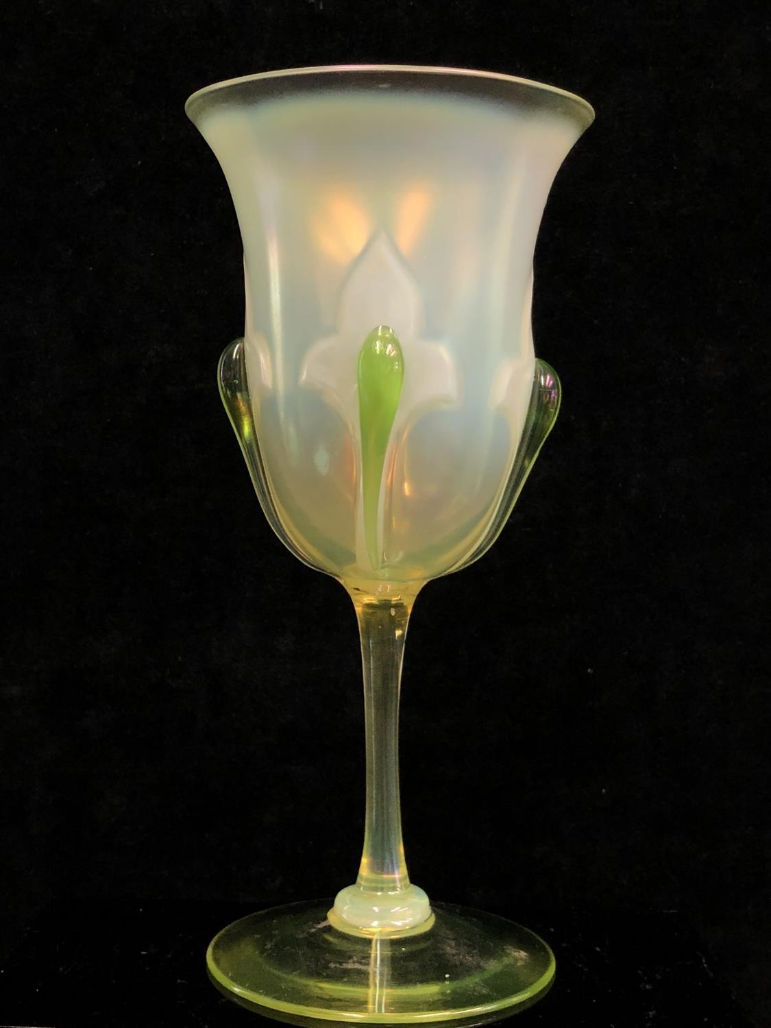 Stevens and Williams - A vasaline glass chalice, the bell form bowl decorated with fleur des lys - Image 6 of 9