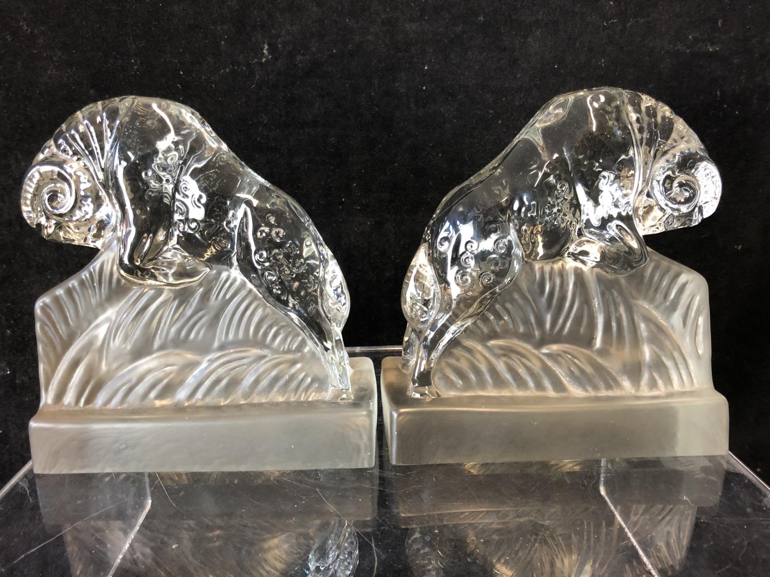 A pair of Art Deco glass book ends modelled as charging rams, by the Libochovice glass company and - Image 4 of 7