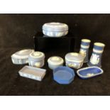 A group of Wedgwood Jasper boxes and covers; a pair of Adams Blue dip jasper spill vases, each