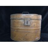 A large Victorian toleware hat box, oval, painted in faux bois style, riveted carying handle to top,