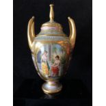 A Vienna porcelain Krater urn and cover, signed Wagner, of ovoid form with high loop handles,