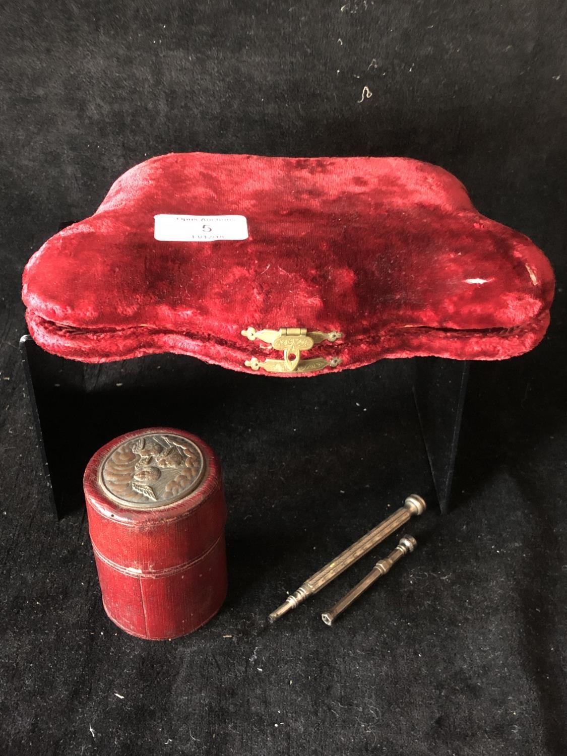 A Velvet butterfly form work case, containing various sewing requisites, scissors, needles, button