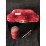 A Velvet butterfly form work case, containing various sewing requisites, scissors, needles, button