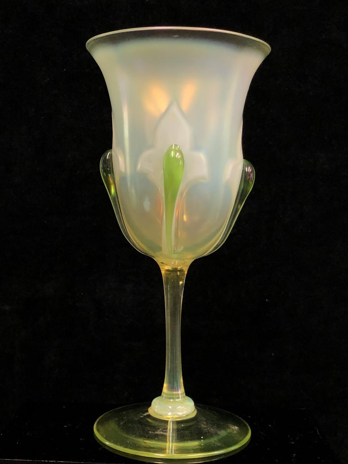 Stevens and Williams - A vasaline glass chalice, the bell form bowl decorated with fleur des lys - Image 8 of 9