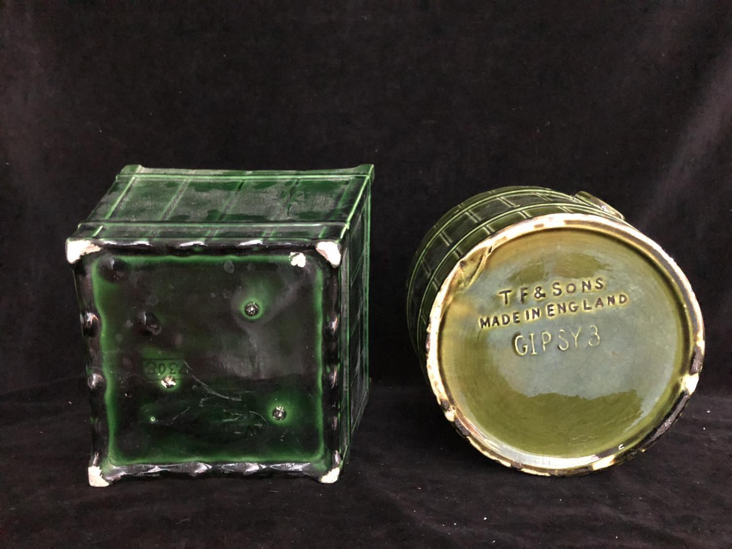 Two majolica green glazed jardinieres, one by T F & Sons, of Gypsy 3 shape, barrel form with faux - Image 6 of 6