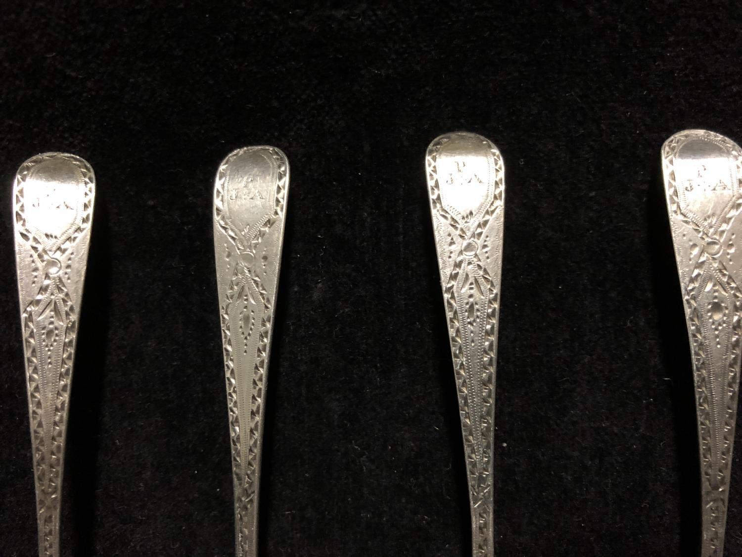 Six silver bright cut decorated tea spoons, London 1790, makers mark of TW (6) - Image 3 of 5