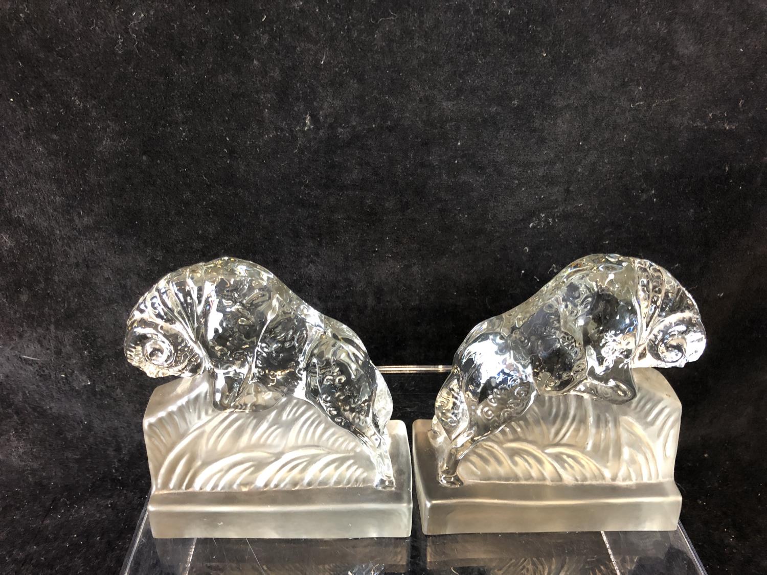 A pair of Art Deco glass book ends modelled as charging rams, by the Libochovice glass company and - Image 5 of 7