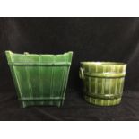 Two majolica green glazed jardinieres, one by T F & Sons, of Gypsy 3 shape, barrel form with faux