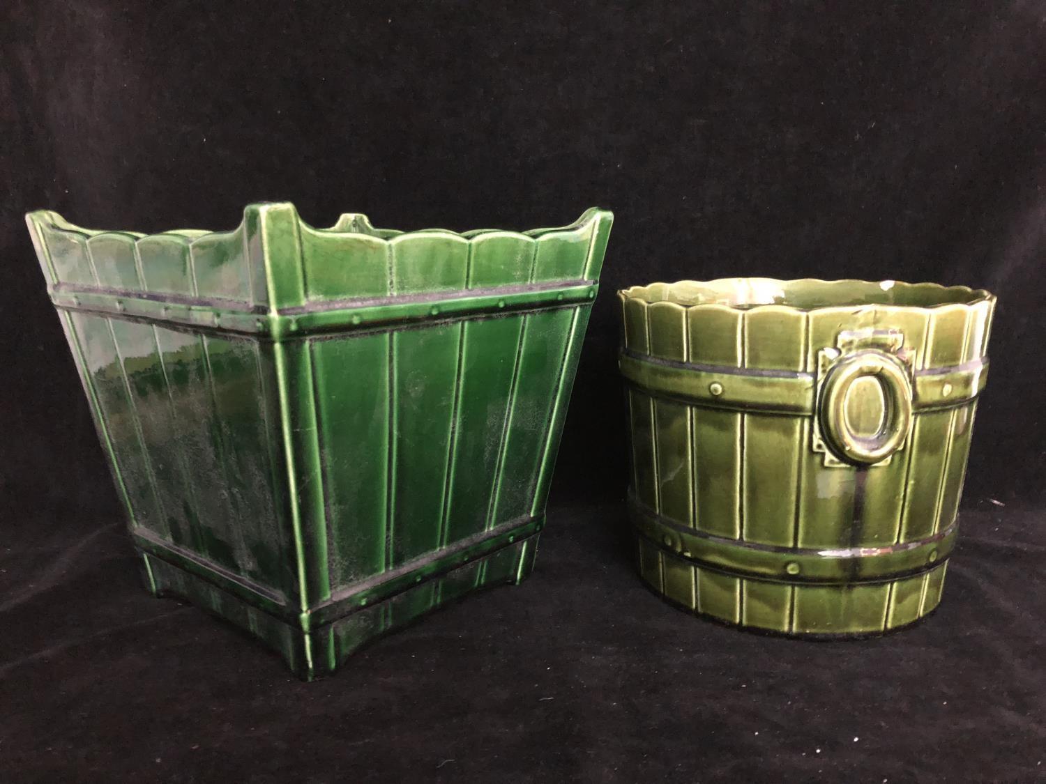 Two majolica green glazed jardinieres, one by T F & Sons, of Gypsy 3 shape, barrel form with faux - Image 2 of 6