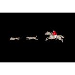 A SET OF THREE DIAMOND PAVÉ HUNTING BROOCHES, depicting fox, hound and huntsman on horse,