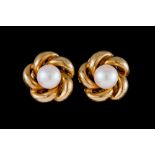 A PAIR OF PEARL EARRINGS, gold surround,