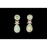A PAIR OF OPAL AND DIAMOND PENDANT DROP EARRINGS, set with opals of approx. 2.