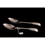 A PAIR OF GEORGE III HEAVY SILVER FIDDLE PATTERN SERVING SPOONS, with continuous reeded decoration,