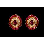 A PAIR OF RUBY AND DIAMOND CLUSTER EARR