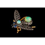 AN EDWARDIAN INSECT BROOCH, set with opal, sapphire and rose cut diamonds,