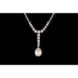 A CULTURED PEARL AND DIAMOND NECKLACE, with one pear shape cultured pearl,