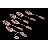 A SET OF SIX EDWARDIAN SILVER FIDDLE PATTERN TEASPOONS, with chased and engraved leaf decoration,